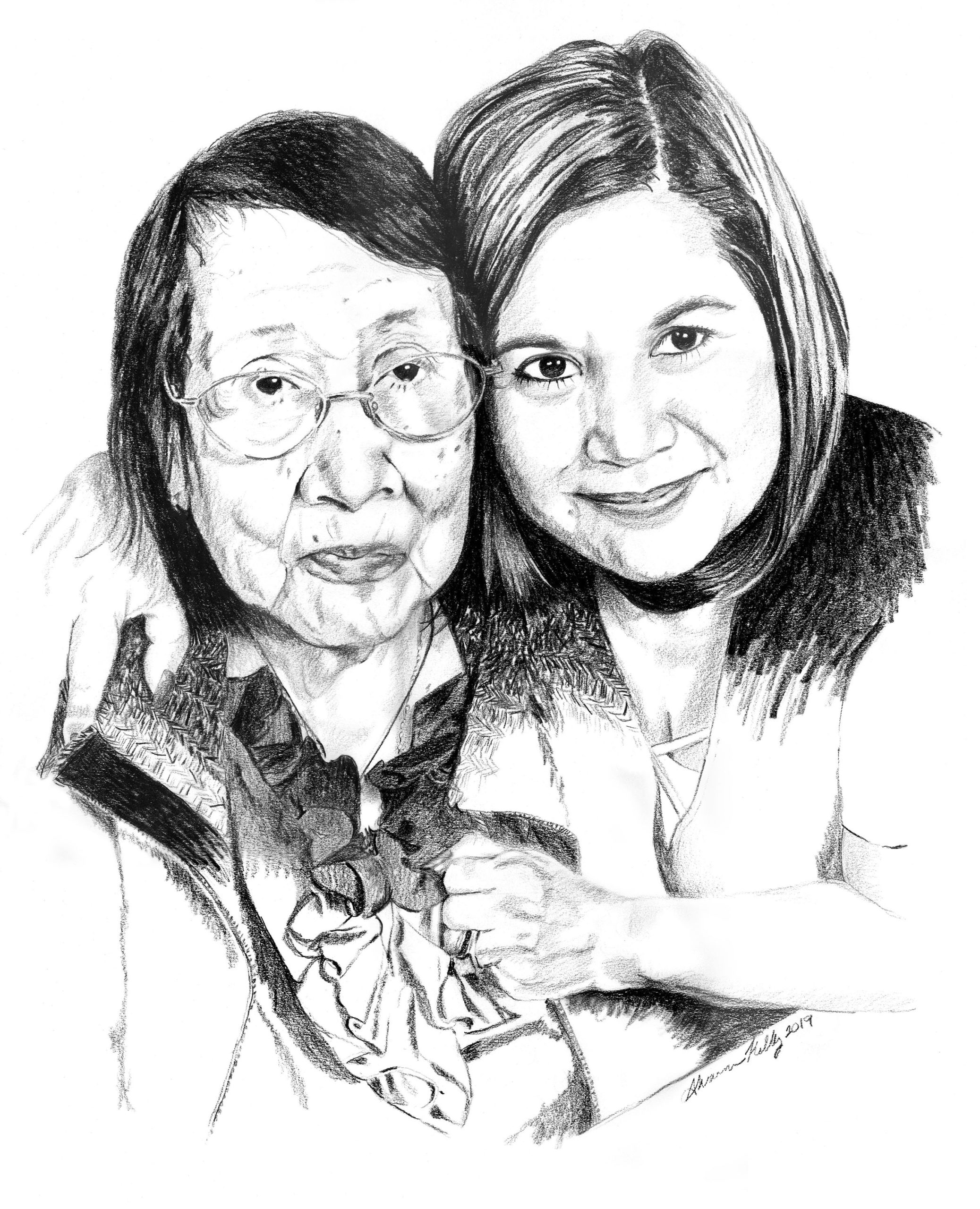 pencil drawing of two women